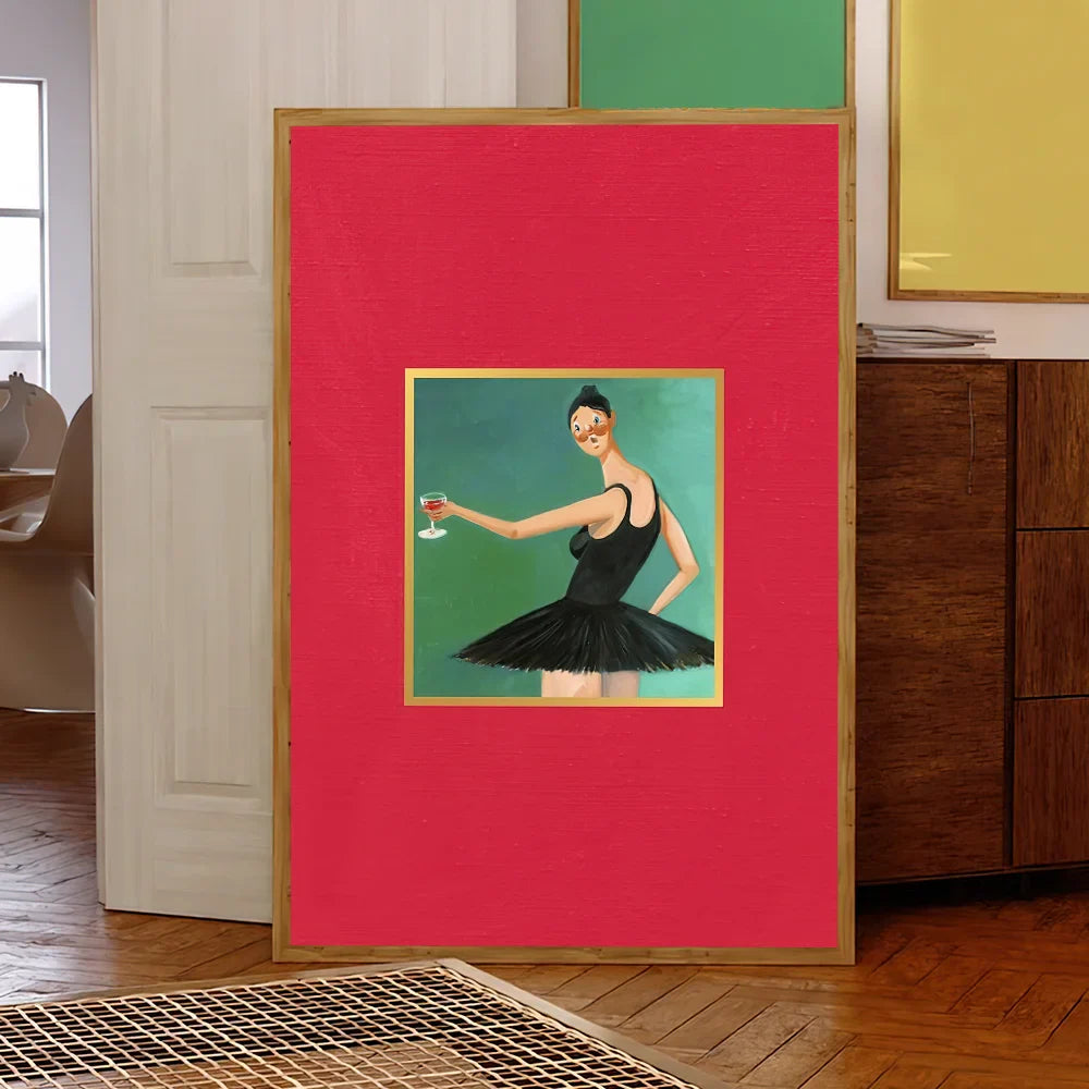 A framed rapper k-kanye w-west bully album poster print with a stylized woman in a black tutu on a red mat