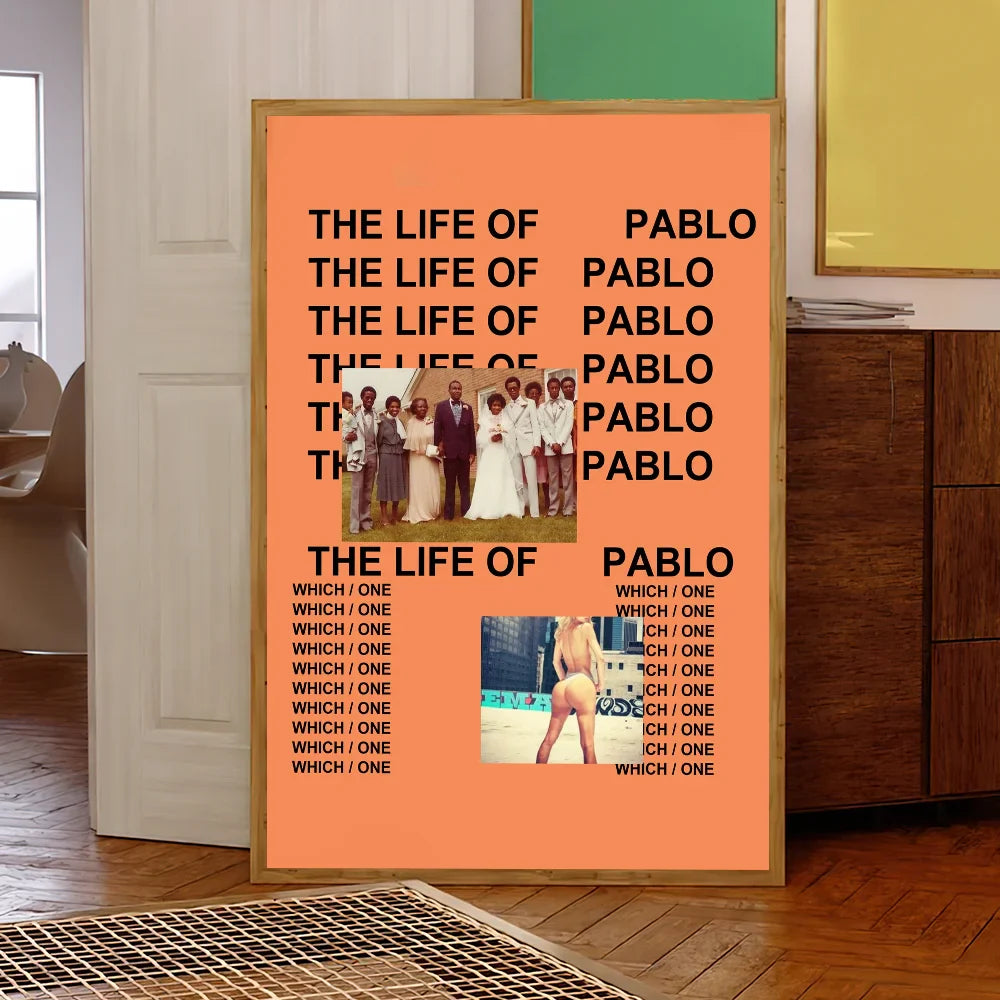 Orange framed rapper k kanye w west bully album poster with black text and two photos for bedroom or office decor