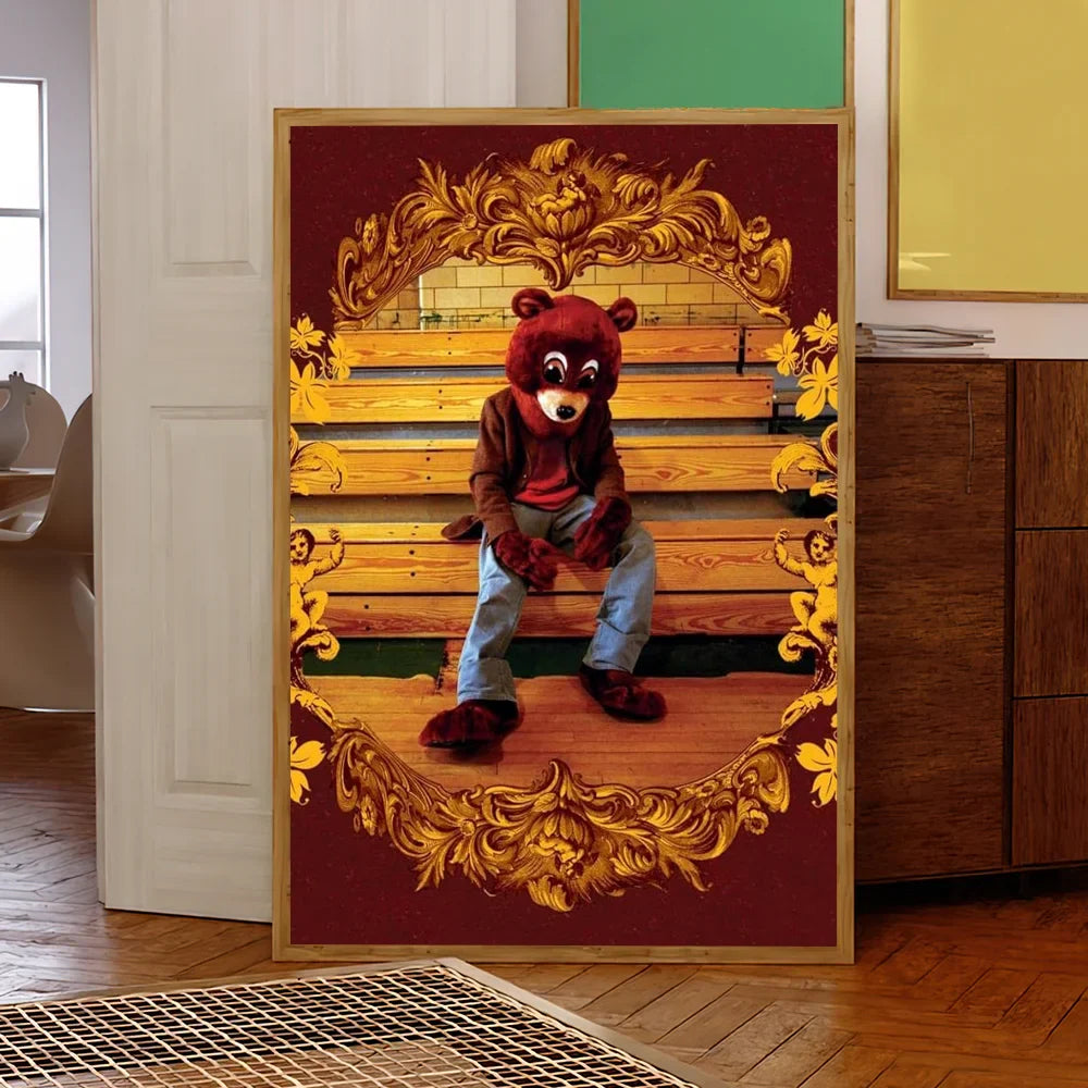 Framed rapper k-kanye w-west bully album poster print featuring a red bear mascot in casual attire on wooden steps