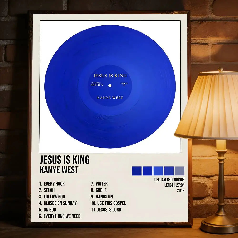 Blue vinyl rap album poster featuring kanye west jesus is king for removable wall decal and commercial decor use