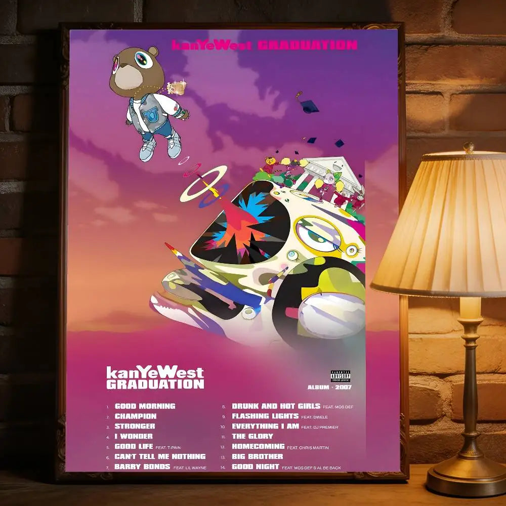 A framed kanye west music album poster featuring a colorful skull design as a removable wall decal for commercial decor