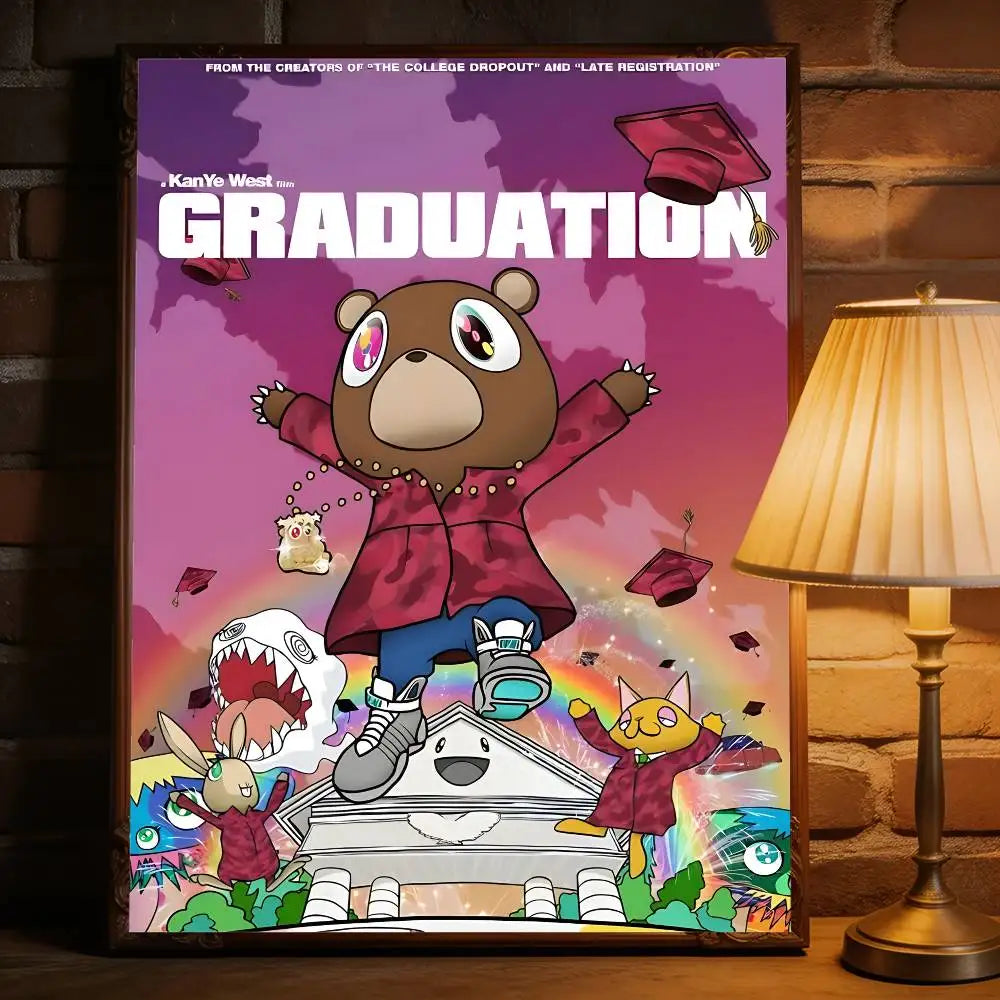 A framed purple poster featuring a cartoon bear in red graduation attire for west music album removable wall decal and commercial decor