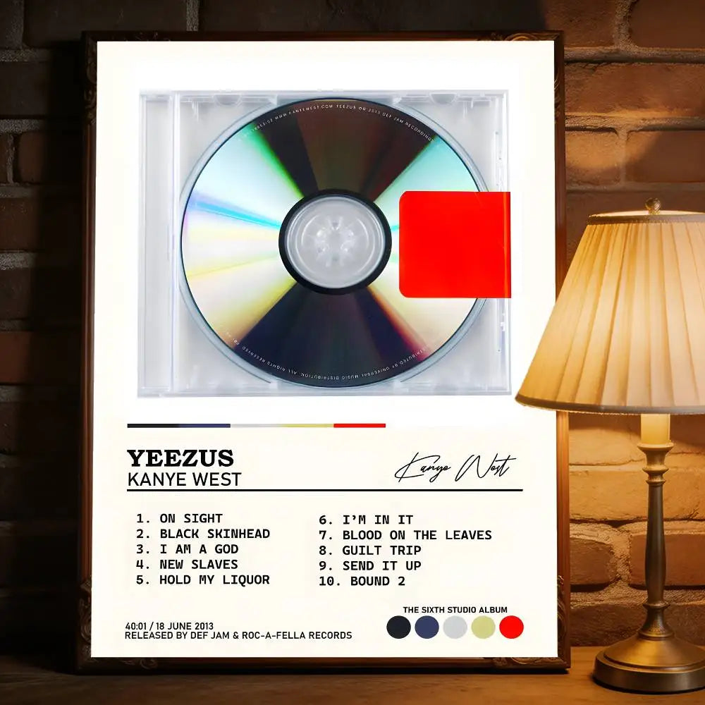 A framed poster featuring kanye west music album cd with clear plastic case removable wall decal for commercial decor