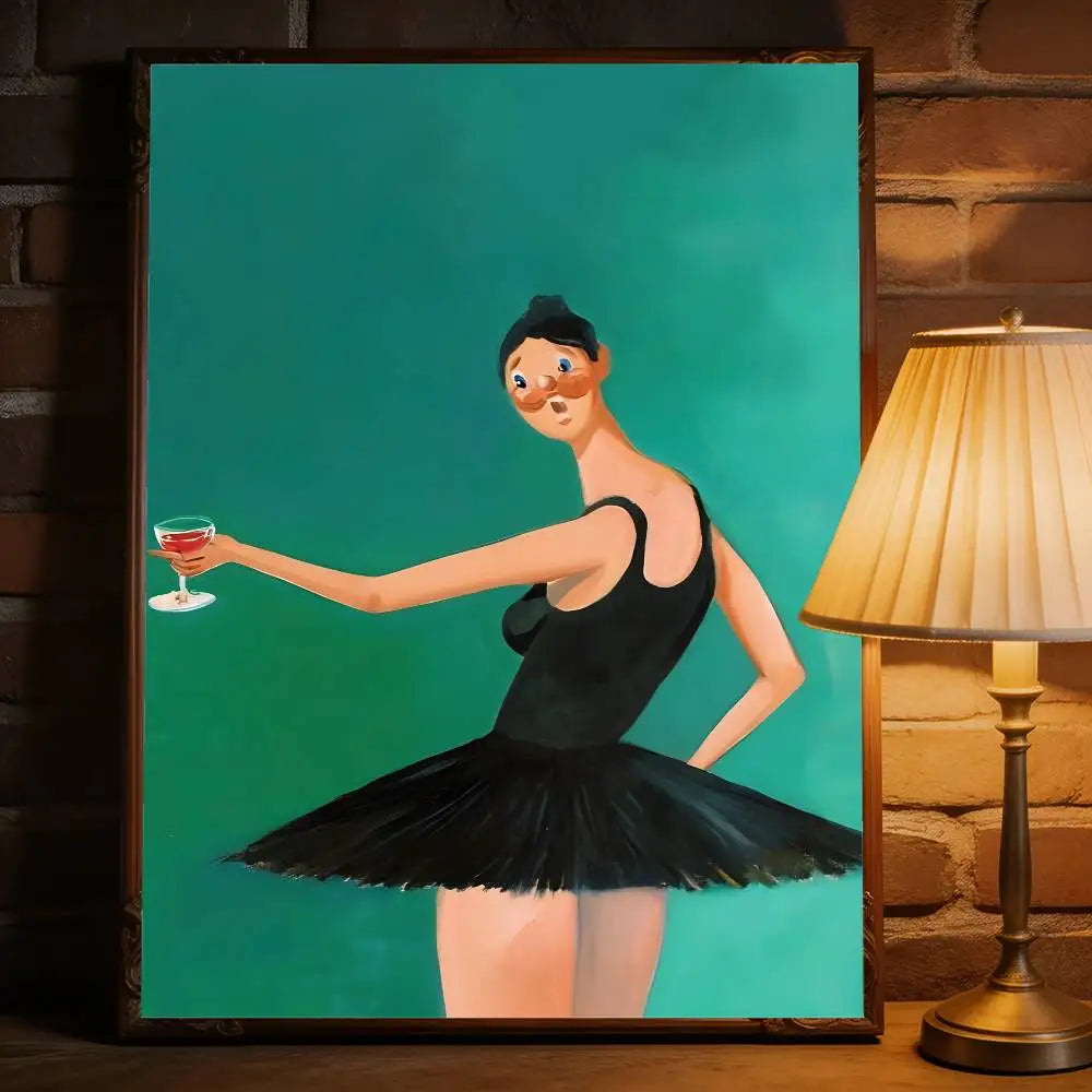 A framed ballerina illustration in black leotard on teal removable wall decal for west music album commercial decor
