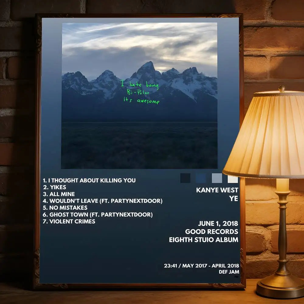 A framed premium self adhesive poster featuring kanye west music album ye mountain landscape for removable wall decal and commercial decor