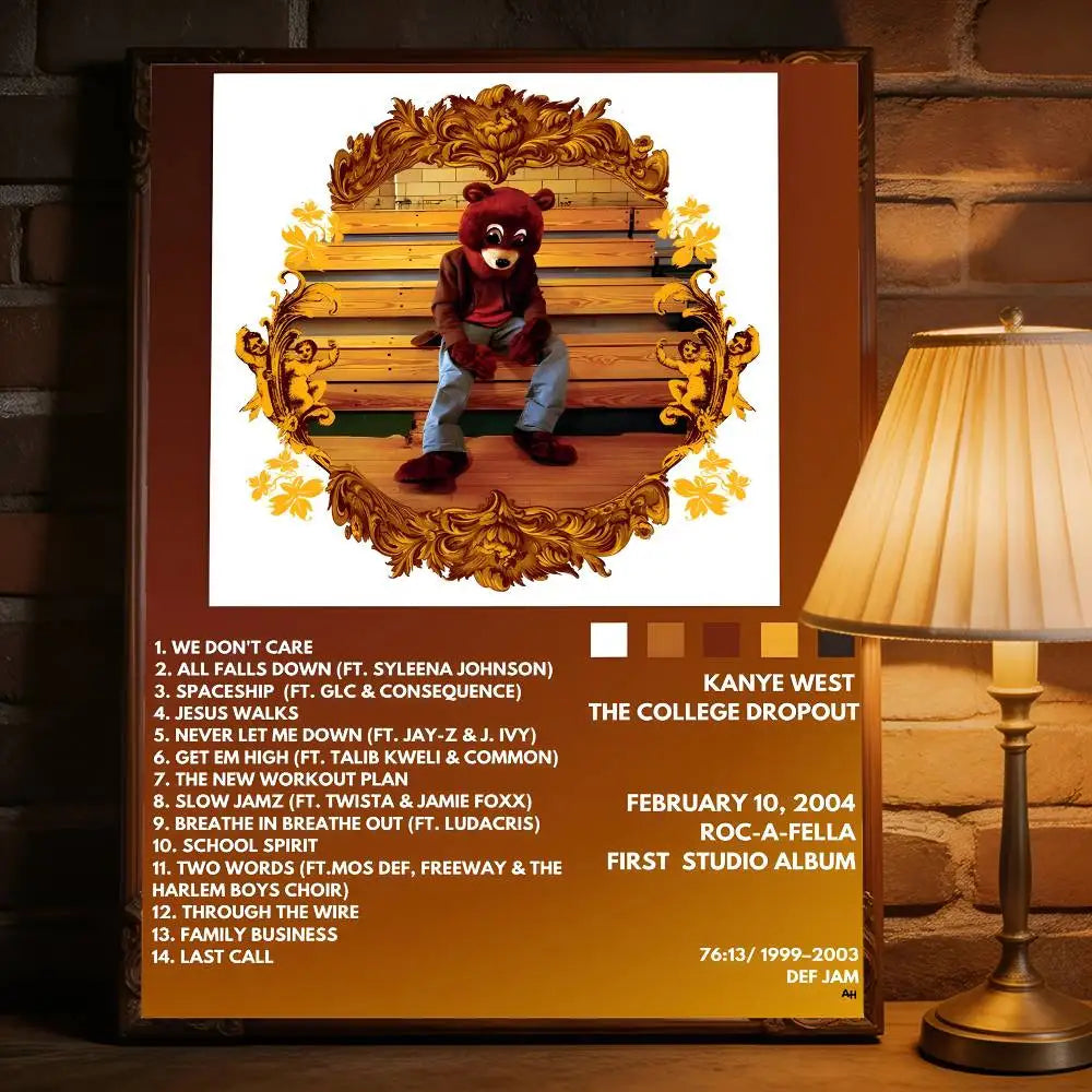 A framed red bear mascot poster with kanye west music album tracklist removable wall decal for commercial decor