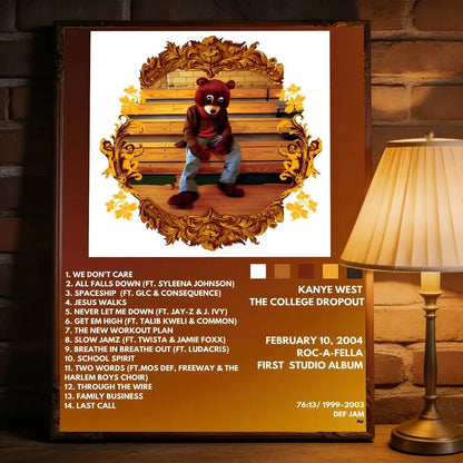 A framed red bear mascot poster with kanye west music album tracklist removable wall decal for commercial decor