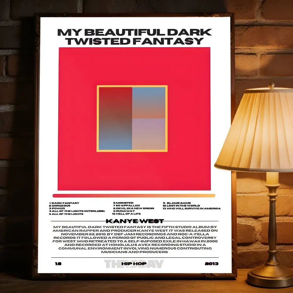 A framed kanye west music album poster with bold red background and removable wall decal for home and commercial decor