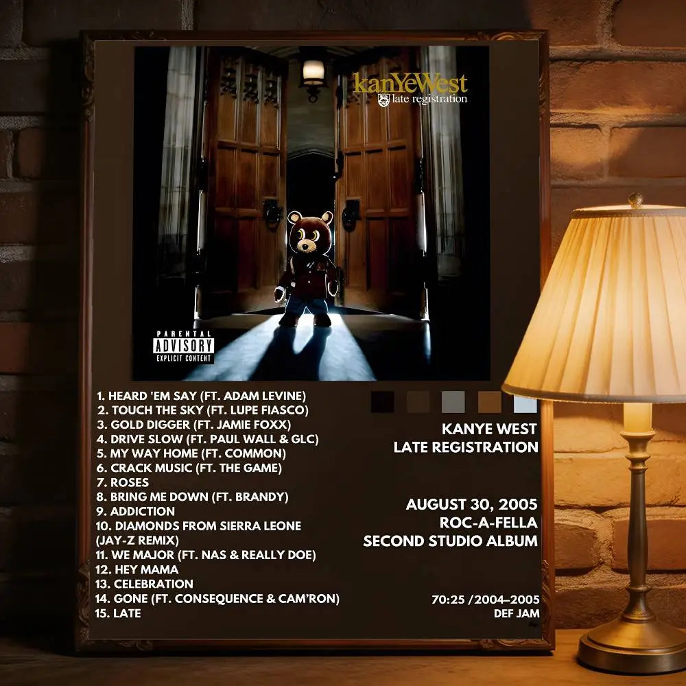 A framed brown removable wall decal of kanye west music album late registration featuring bear and tracklist