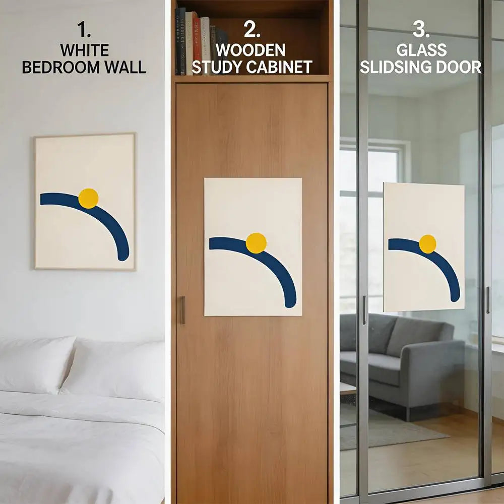 Minimalist abstract rap west music album removable wall decal with navy blue curve and yellow circle for commercial decor