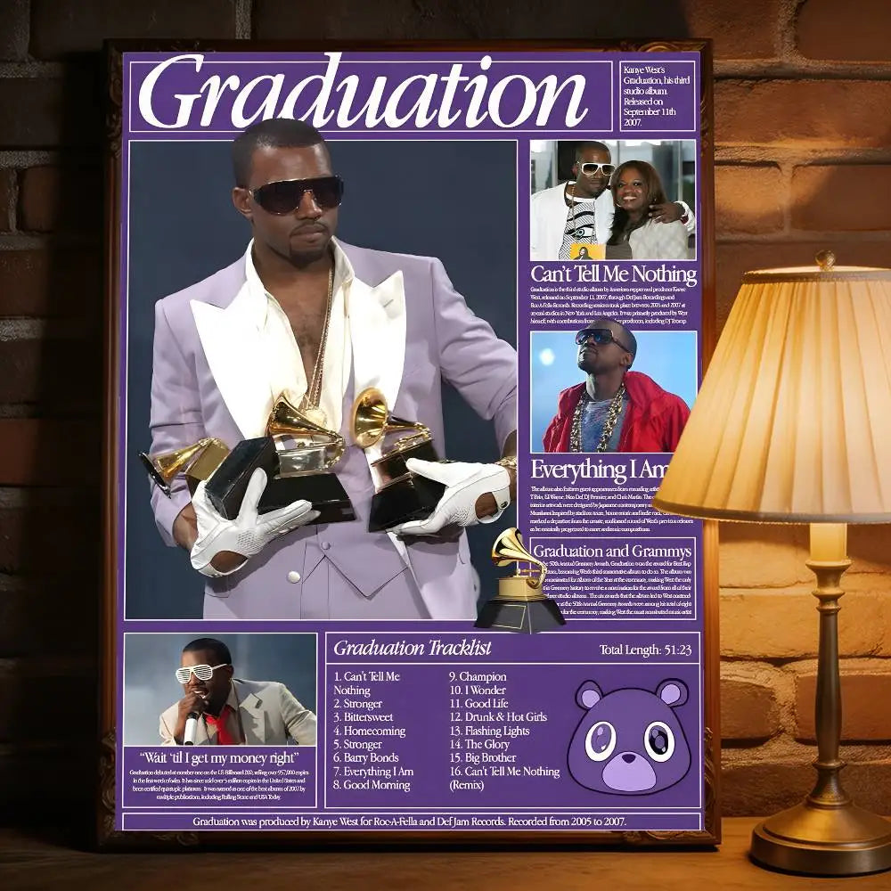 Purple-framed removable wall decal featuring kanye west in lavender suit holding gold grammys for commercial decor
