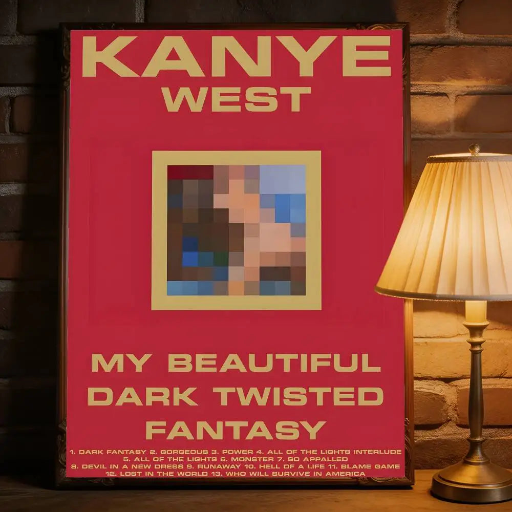 Red framed removable wall decal featuring kanye west music album my beautiful dark twisted fantasy with gold lettering for commercial decor