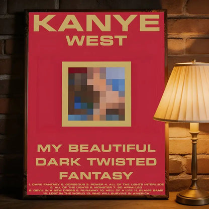 Red framed removable wall decal featuring kanye west music album my beautiful dark twisted fantasy with gold lettering for commercial decor