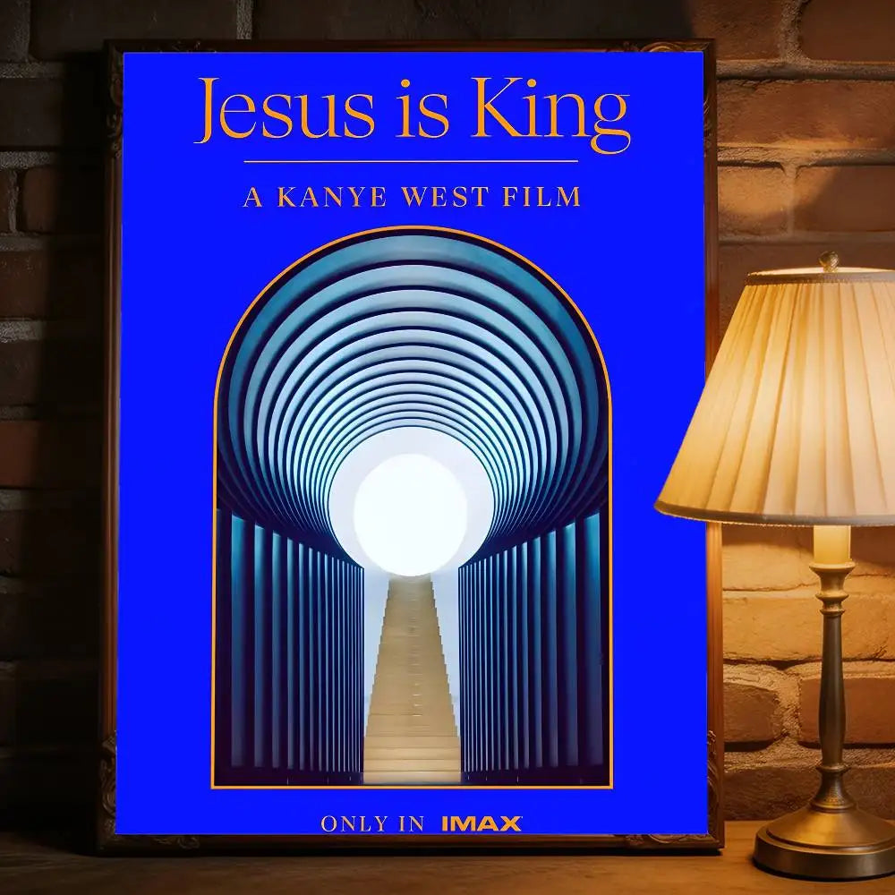 Vibrant blue framed removable wall decal of kanye west music album jesus is king featuring stylized archway for commercial decor