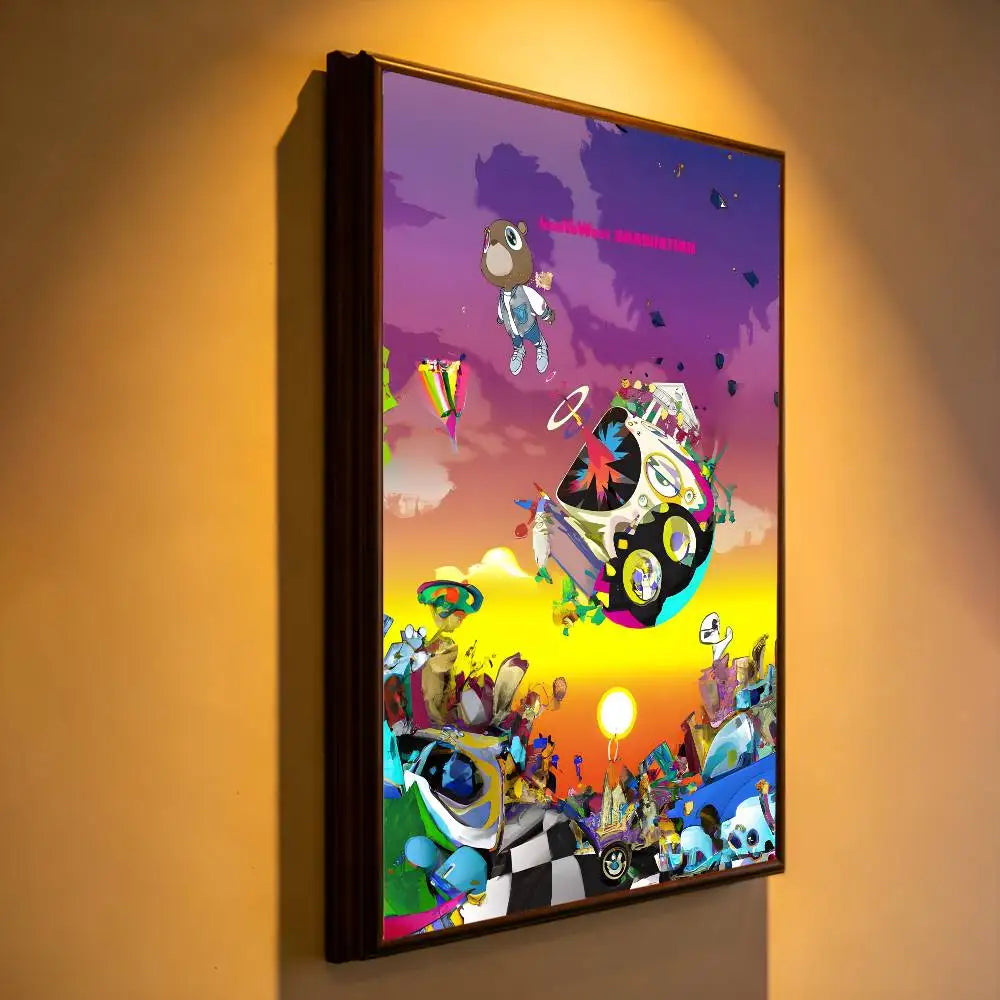 A vibrant removable wall decal featuring a surreal rapper k kanye west music album scene for commercial decor