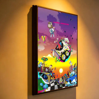 A vibrant removable wall decal featuring a surreal rapper k kanye west music album scene for commercial decor