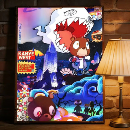 Vibrant framed removable wall decal featuring cartoon bear in colorful surreal landscape for west music album decor