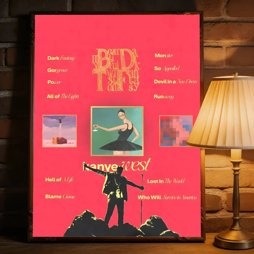 Vibrant pink framed removable wall decal featuring Kanye West music album bada bimba with gold foil lettering for commercial decor