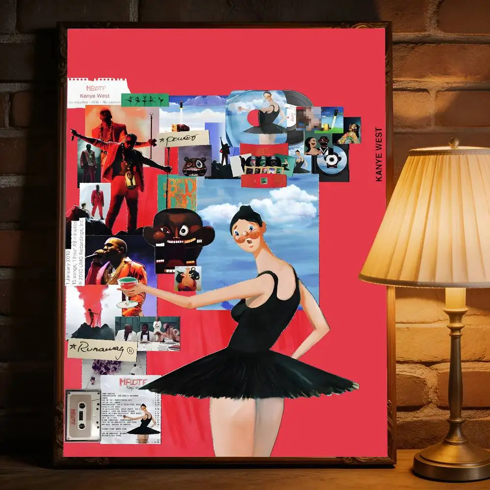 A vibrant red framed removable wall decal featuring a black ballet dancer and Kanye West branding for commercial decor