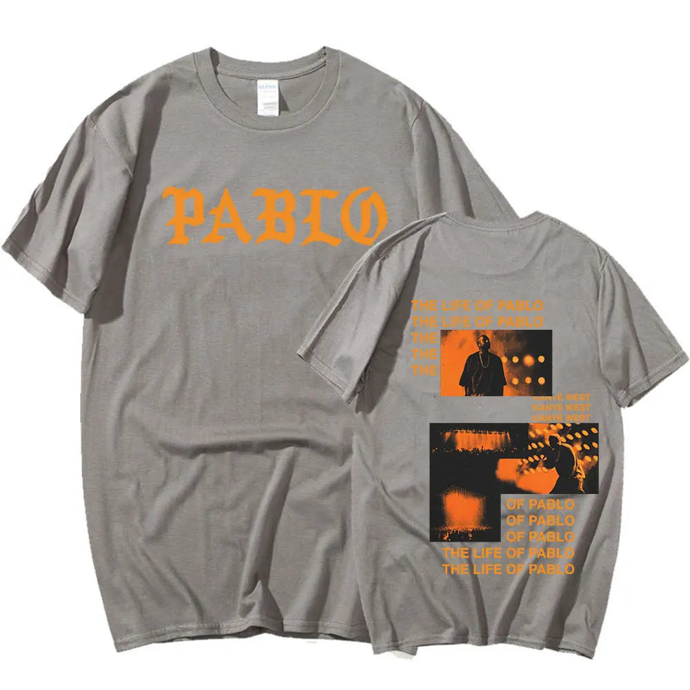 Gray cotton rapper kanye west pablo t shirt with bold orange lettering and back hip hop fashion print design