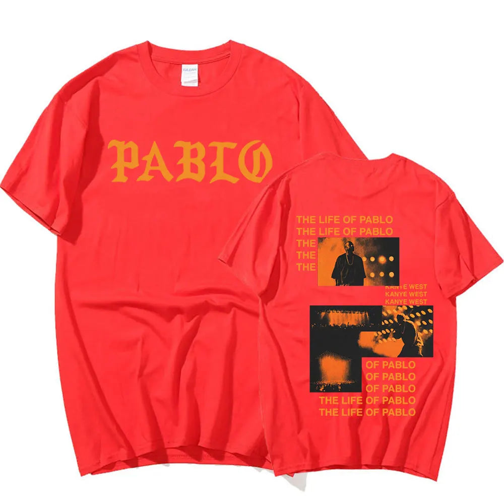 Vibrant red cotton pablo t shirt with bold yellow lettering and kanye west album graphic for hip hop fashion fans