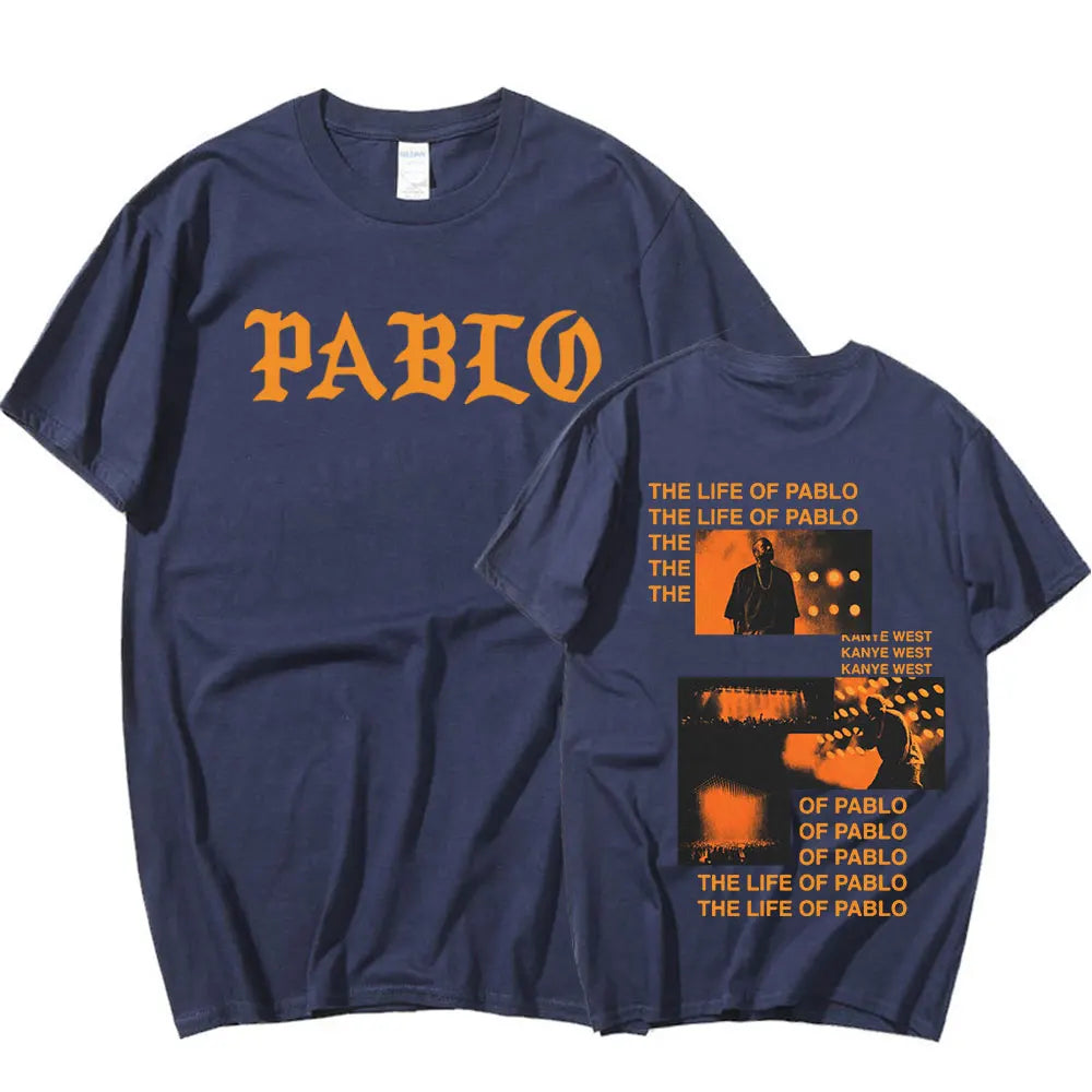 Navy blue cotton pablo t shirt with bold orange lettering and rapper kanye west graphic print for hip hop fashion