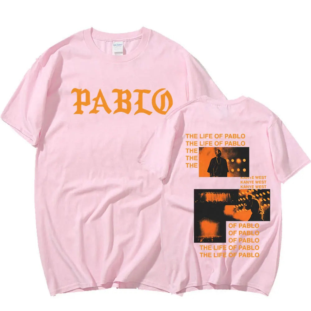 Pink short-sleeved rapper kanye west pablo t shirt with orange graphic prints for hip hop fashion fans