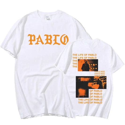 White cotton pablo t shirt with bold orange lettering front and rapper kanye west graphic print on the back hip hop fashion