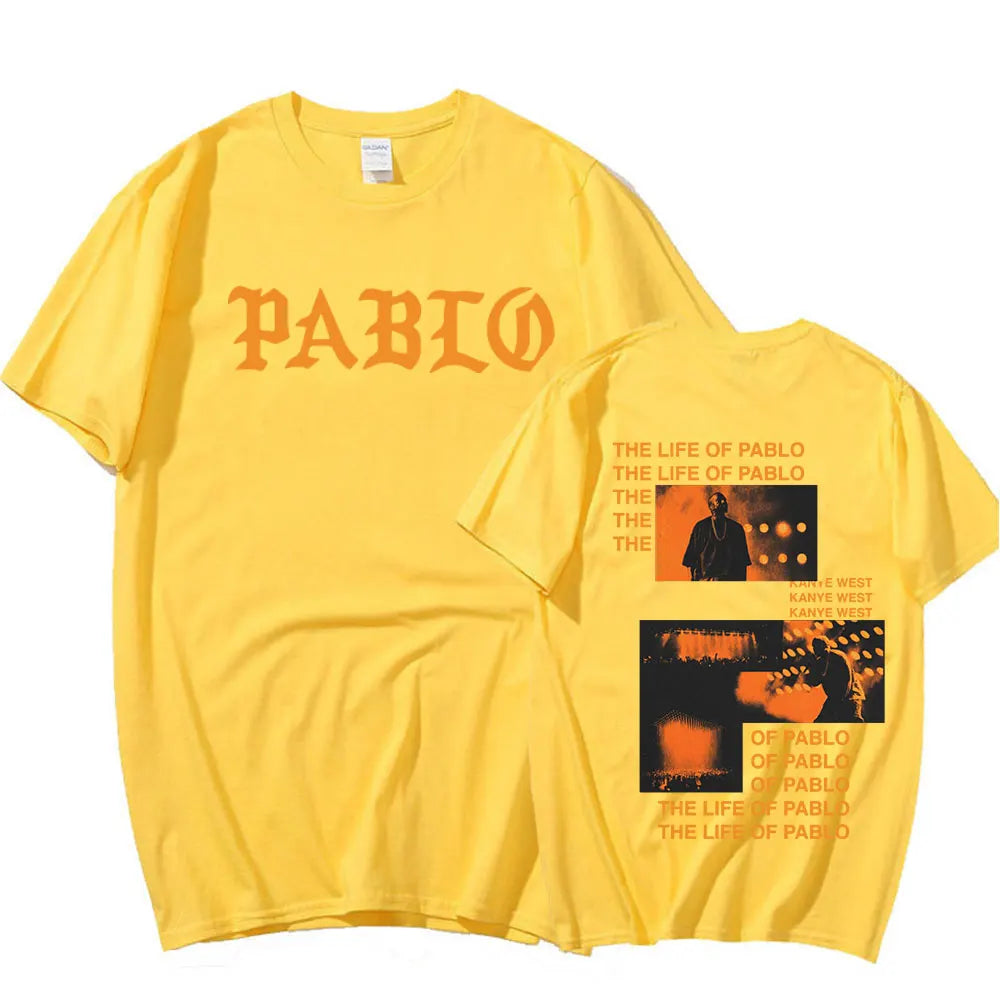 Bright yellow short-sleeved pablo t shirt with rapper Kanye West graphic print for hip hop fashion fans
