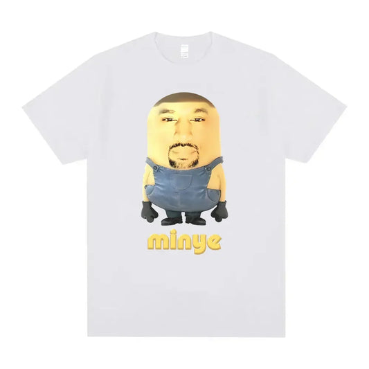 White cotton t-shirt featuring a hip hop vintage minye funny meme with rapper kanye west graphic design