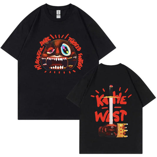 Black cotton rapper Kanye West vintage tee shirt featuring vibrant hip hop graphic with monster face and sword design