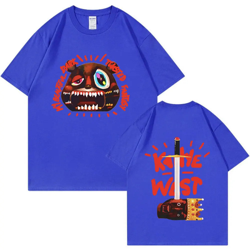 Royal blue short-sleeved rap rapper kanye west t shirt with stylized monster graphic front and sword vintage tee shirt back