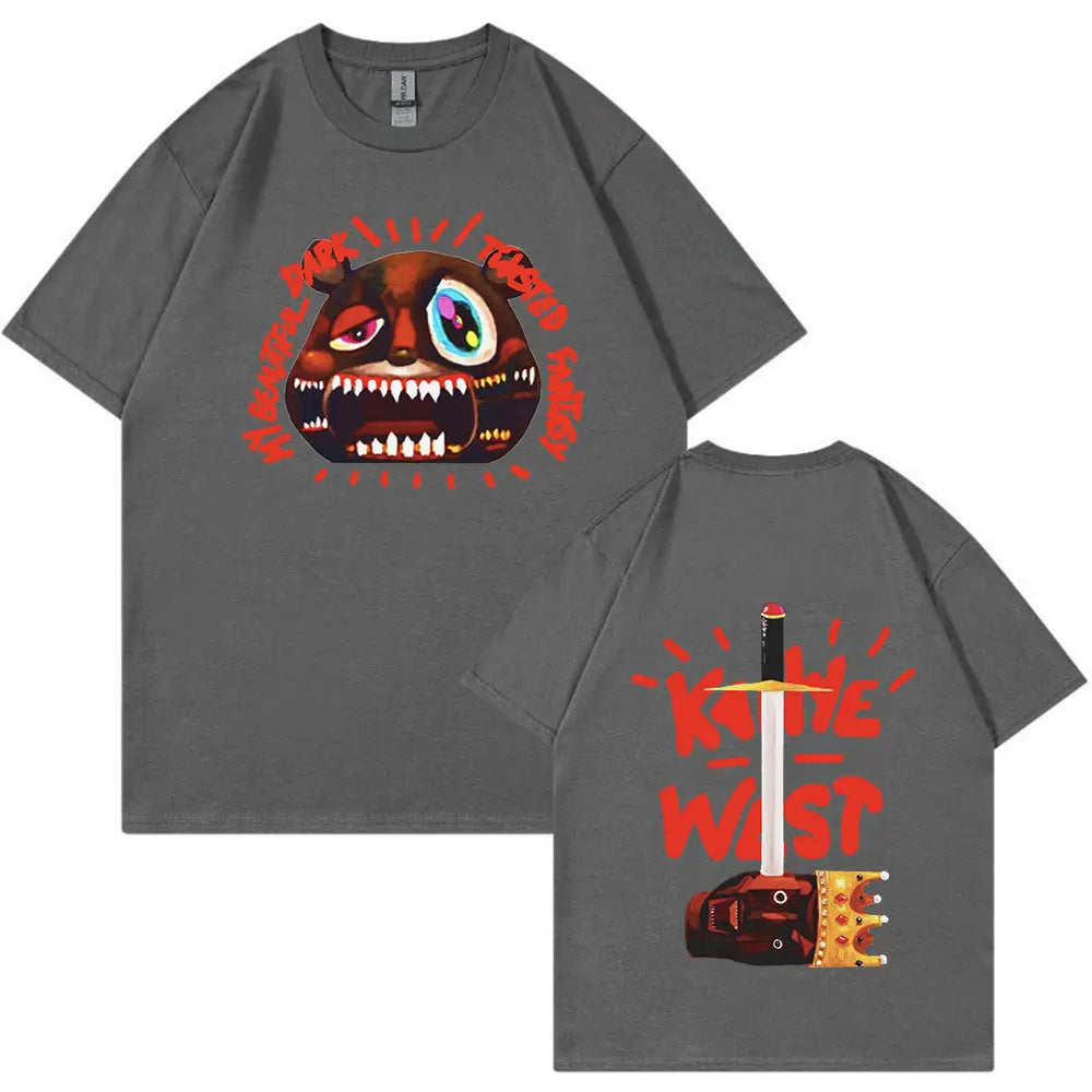 Dark gray cotton rapper kanye west t shirt with front menacing face graphic and back vintage tee shirt fashion hip hop design