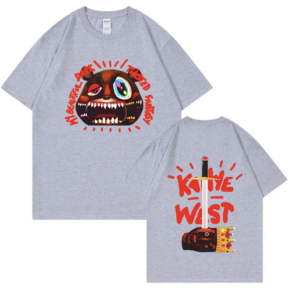 Gray heathered cotton rapper Kanye West t shirt with front monster graphic and vintage tee shirt fashion hip hop style