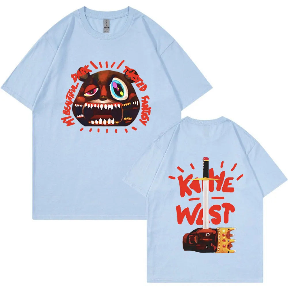 Light blue short-sleeved rapper Kanye West vintage tee shirt with cartoon bear and sword graphic for fashion hip hop style