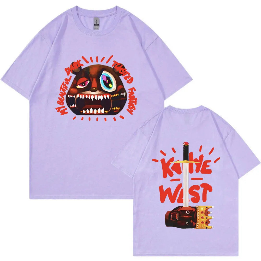 Lavender short-sleeved t-shirt with cartoon monster graphic front and katie west sword design back for fashion hip hop vintage tee shirt fans