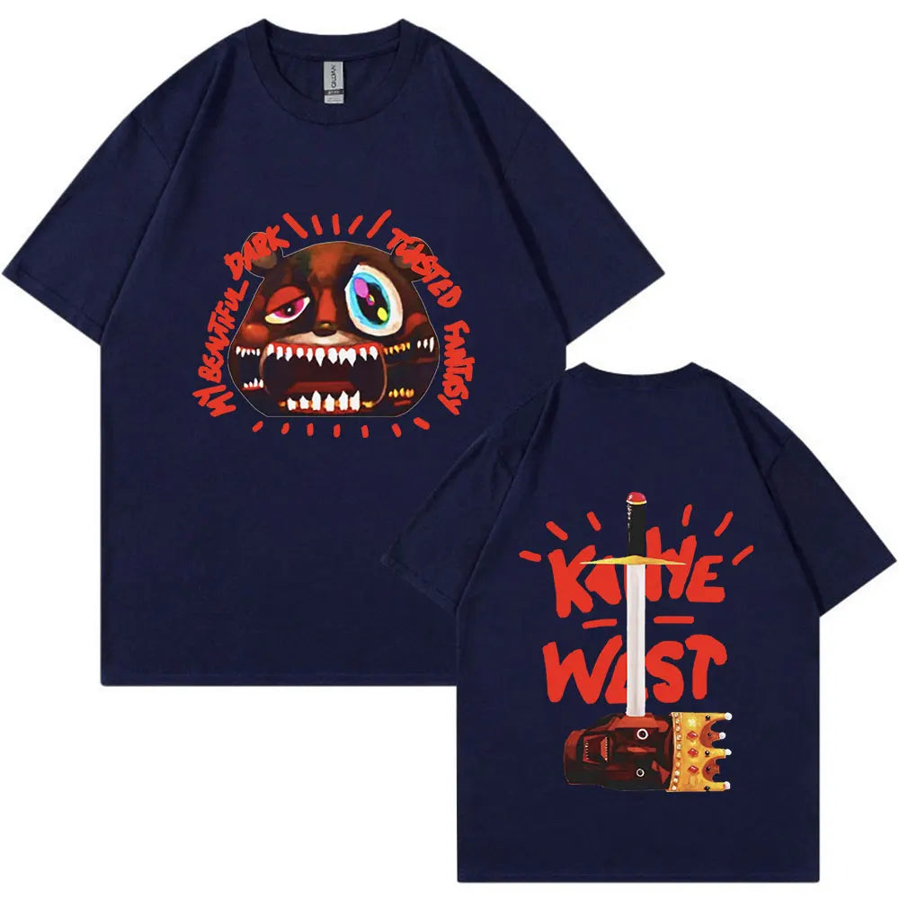 Navy blue short-sleeved vintage tee shirt featuring rapper kanye west graphic for fashion hip hop streetwear fans