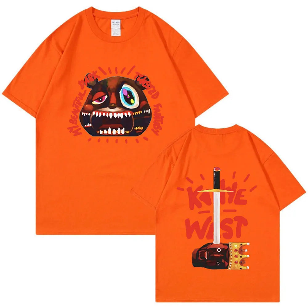 Vibrant orange rapper Kanye West vintage tee shirt with bold monster graphic front and sword design on back fashion hip hop