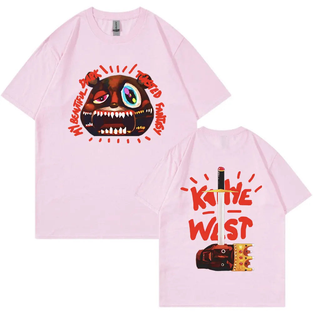 Light pink short-sleeved rapper kanye west vintage tee shirt with graphic monster face front and sword crown back