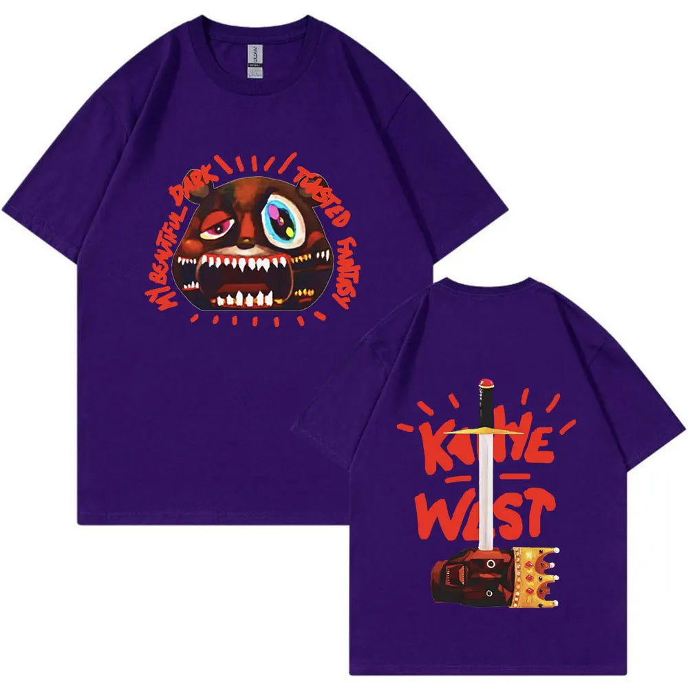 Purple short-sleeved rapper Kanye West vintage tee shirt with cartoon monster front and king west sword back print fashion hip hop