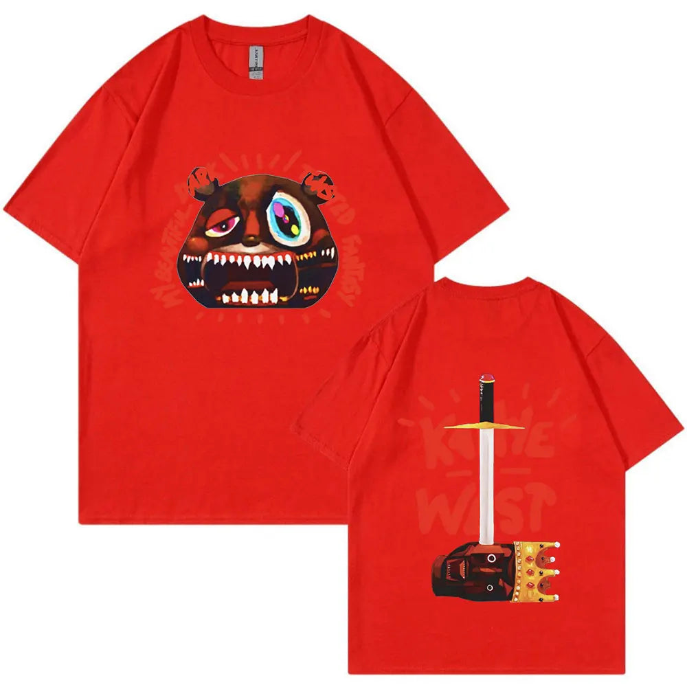 Red short-sleeved rapper kanye west t shirt with cartoon monster front and king west sword design vintage tee shirt fashion hip hop