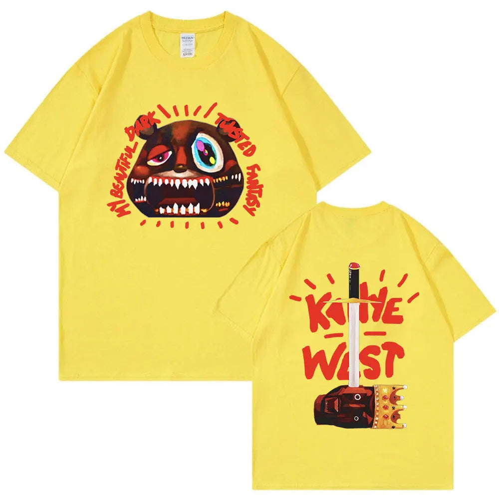 Yellow rapper kanye west t shirt with cartoon monster front and kathe west sword print on back fashion hip hop vintage tee shirt