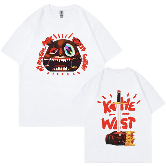 White t-shirt featuring a stylized menacing face and orange text from rapper kanye west album graduation graphic tee shirt streetwear