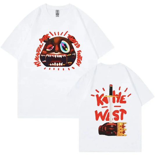 White cotton rapper kanye west t-shirt with bold stylized face front and music album graduation text back hip hop vintage design