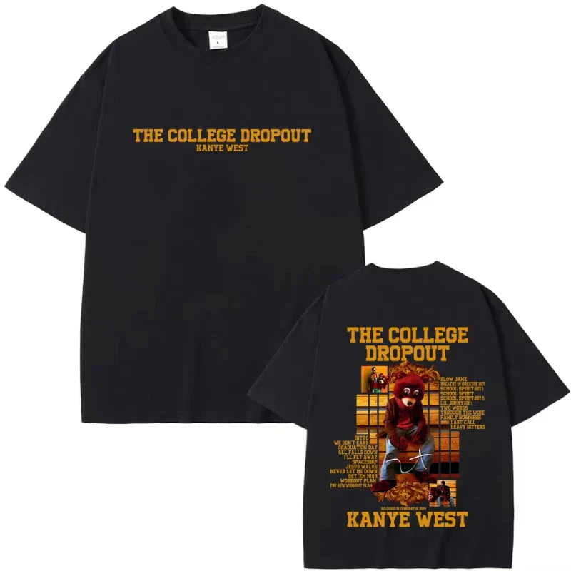 Black short-sleeved casual cotton vintage t-shirt featuring kanye west college dropout bear graphic for women hip hop fans