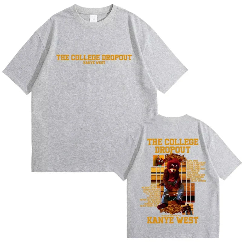 Gray heathered casual cotton vintage t-shirt with college dropout bear graphic and orange text on back for women hip hop fans