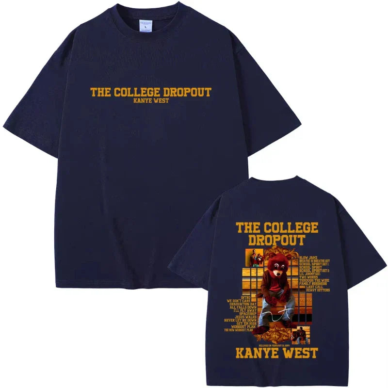 Navy blue casual cotton vintage t-shirt featuring college dropout bear graphic and orange text for women hip hop fans