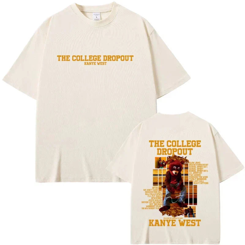 Cream-colored casual cotton vintage t-shirt featuring college dropout bear graphic for women hip hop fans