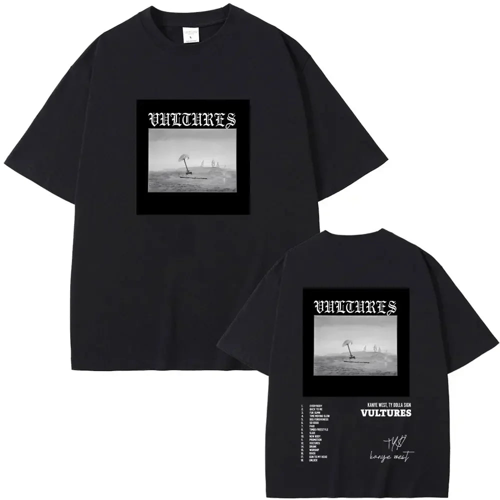 Black cotton t-shirt featuring kanye west vultures album graphic with white text for hip hop fashion men women