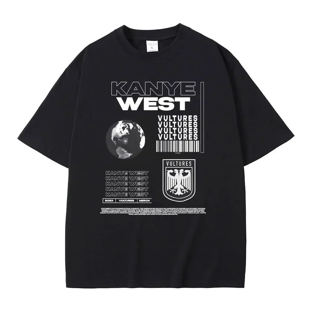 Black oversized cotton t-shirt with bold white kanye west vultures graphic print for hip hop fashion fans